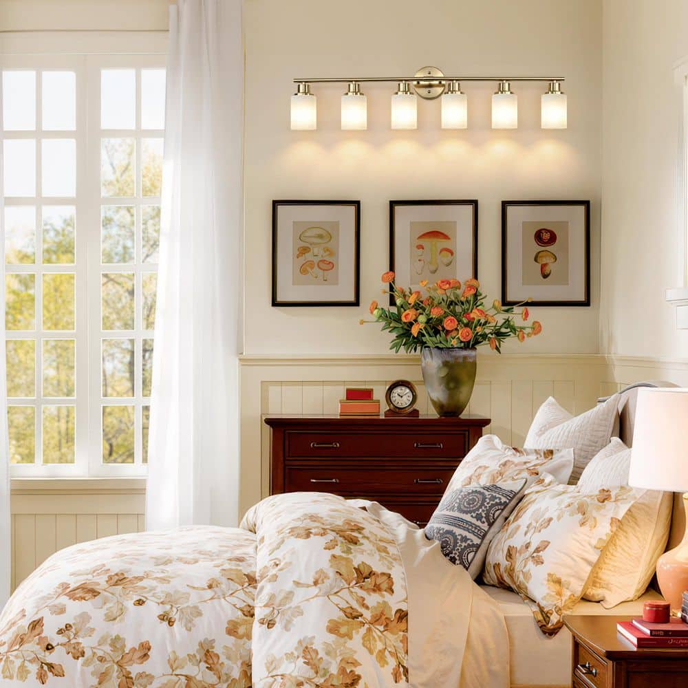 38.6 in. 6-Light Brushed Gold Bathroom Vanity Light with Textured White Cylinder Glass Shades price history on PriceWatchPro