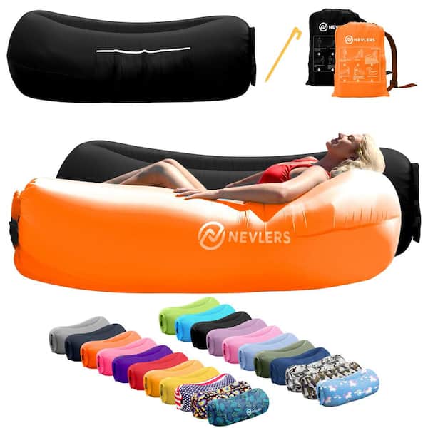 Black and Orange Inflatable Loungers with Travel Bags and Pockets (2-Pack)