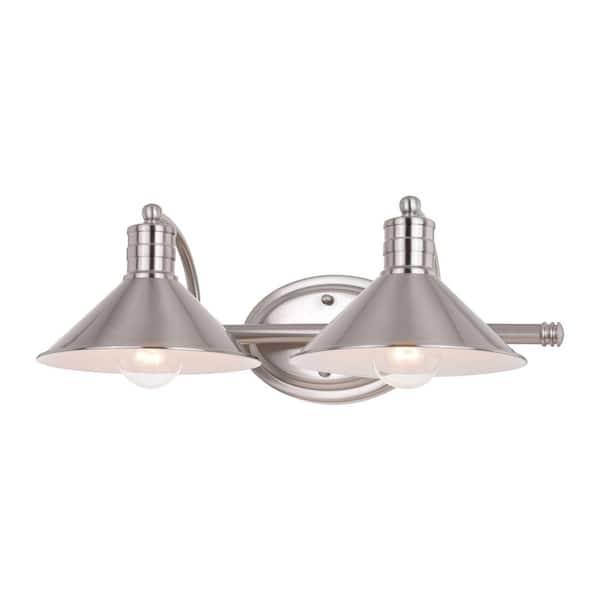 Akron 18 in. W 2-Light Satin Nickel and Matte White Vanity Light Fixture Farmhouse Metal Shade Bathroom Wall Lighting