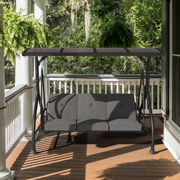 3-Person Patio Swing Outdoor with Adjustable Polycarbonate Canopy, Dark Gray
