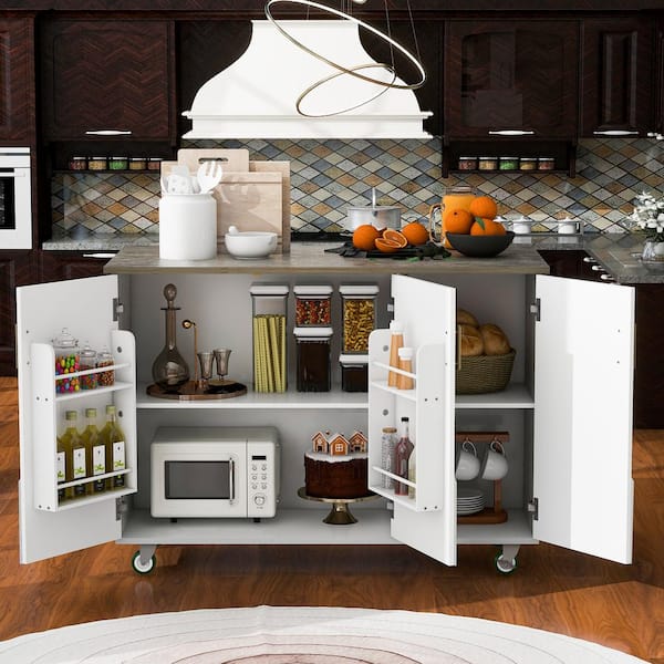 Xzkai Mountain Grain White Wood 51.5 in. Kitchen Island with Internal Storage Racks