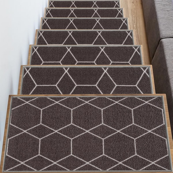 Hexagon Design Dark Gray Color 8.5 in. x 26 in. Polyamide Stair Tread Cover Set of 3