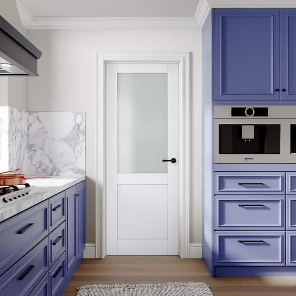 28 in. x 80 in. 1/2-Lite Frosted Glass Left-Hand White Solid Core Wood Single Prehung Interior Door+ Quick Assemble Jamb