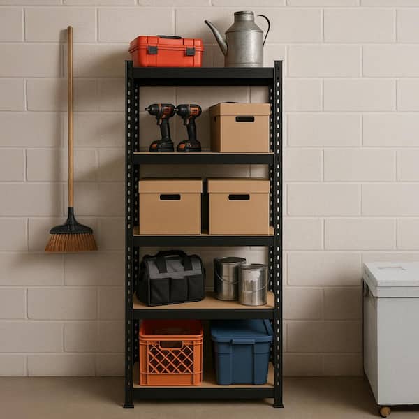 5-Tier Powder-Coated Steel Garage Storage Shelving Unit in Matte Black with HDF Racks (30 in. W x 60 in. H x 12 in. D)