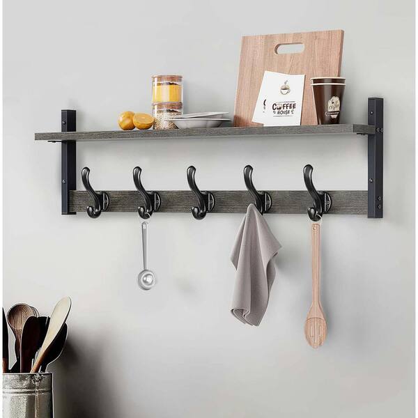Rustic Floating Coat Rack With Shelf - Handmade Wood Wall Mounted Hooks (5 Double Hooks, Medium Oak)