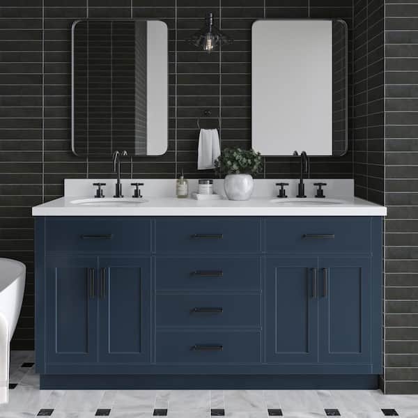 ARIEL Hepburn 67 in. W x 22 in. D x 36 in. H Double Freestanding Bath Vanity in Midnight Blue with Pure White Quartz Top