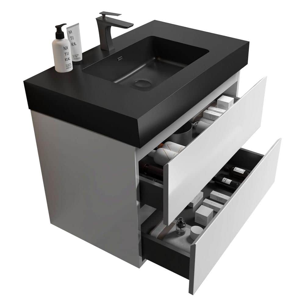 36 in. Single Sink Wall Mounted Glossy White Bath Vanity with Black Solid Surface Top Unassembled without Drain Faucet price history on PriceWatchPro