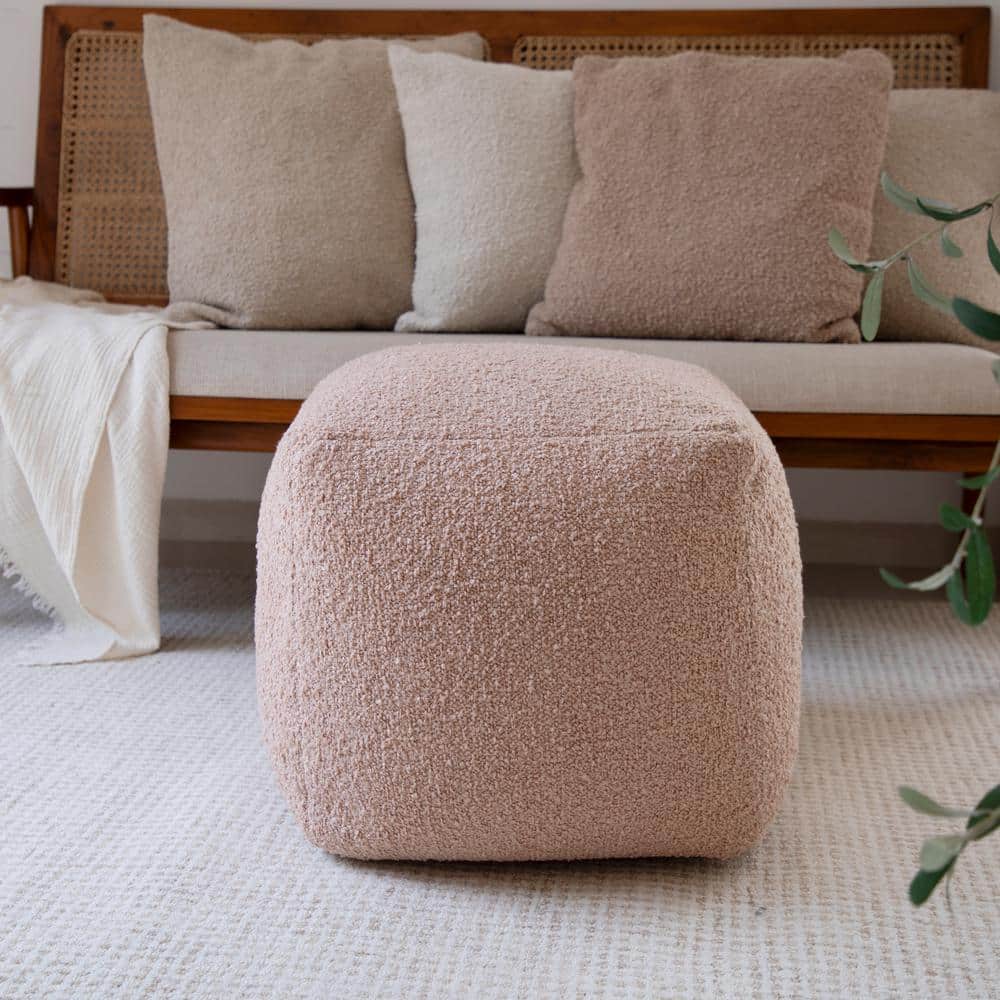 Solid Mid-Century Modern Hand Woven Taupe Boucle Square 18 in. Pouf