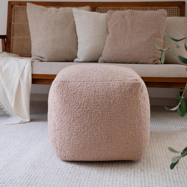 Unbranded Solid Mid-Century Modern Hand Woven Taupe Boucle Square 18 in. Pouf