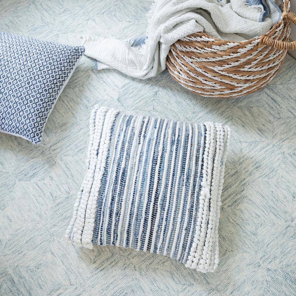 Blue and Ivory Striped Cotton Blend Square Throw Pillows, Set of 2