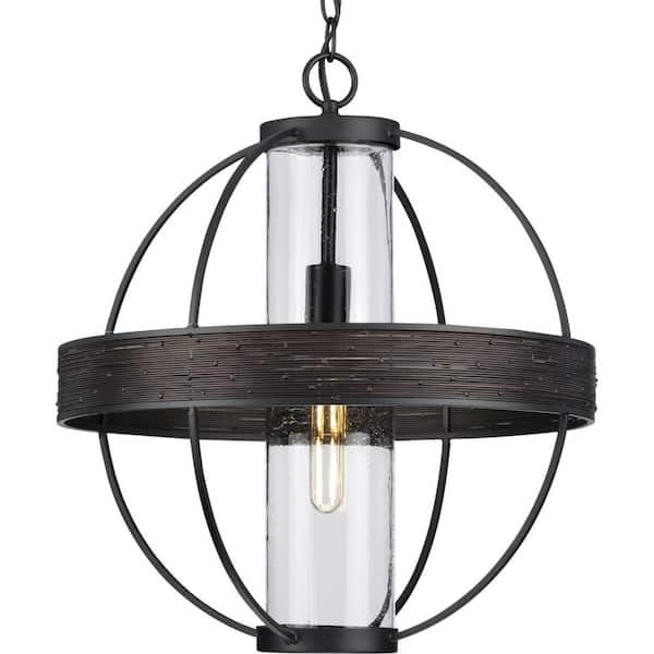 Progress Lighting Terrace 1-Light Matte Black Clear Seeded Glass Global Outdoor Hanging Light