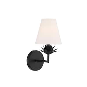 6 in. W x 12 in. H 1-Light Matte Black Wall Sconce with White Linen Shade