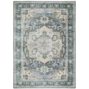 Cascade Blue/Ivory 4 ft. x 6 ft. Traditional Medallion Polyester Machine Washable Indoor Area Rug