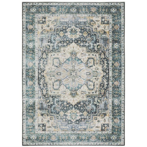 AVERLEY HOME Cascade Blue/Ivory 5 ft. x 7 ft. Traditional Medallion Polyester Machine Washable Indoor Area Rug