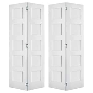 60 in. x 80 in. Shaker 5-Panel Solid Core Primed MDF Wood Interior Bifold Double Door with Hardware