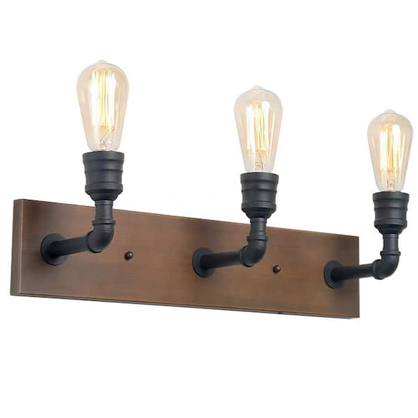 Lnc Black Bathroom Vanity Light 3 Light Rustic Metal Vanity Light Modern Industrial Water Pipe Wall Sconce With Wood Accents A03376 The Home Depot