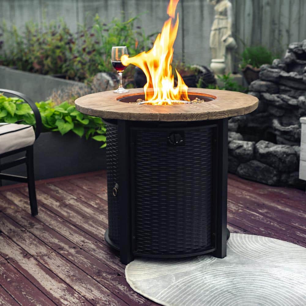 30 in. Round Steel Outdoor Fire Pit Table with Steel Lid and Lava Rocks