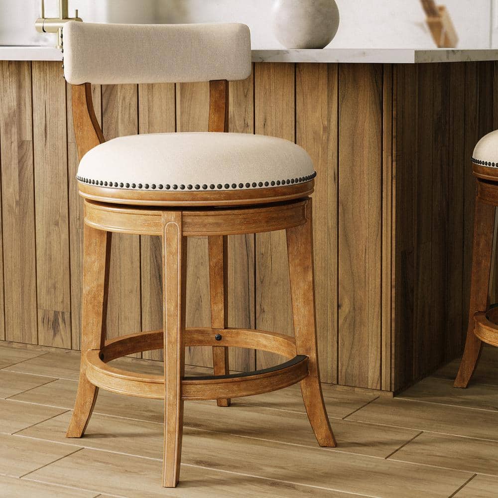 Pasha 26" Pecan Wood Swivel Bar Stool with Linen Seat