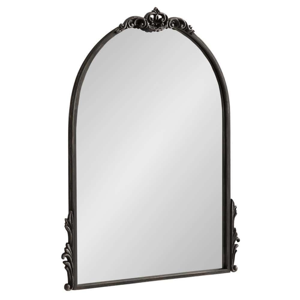 Myrcelle Antique Black Arched Wall Mirror with Ornate Garland Details