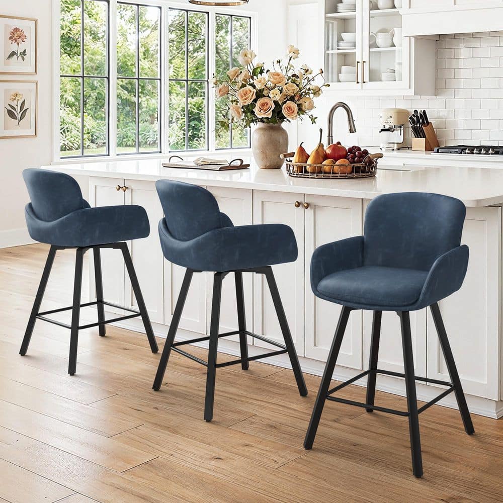 Modern 26 in. Blue Faux Leather Low back Metal Swivel Bar Stools Counter Stool with Armrest and footrests (Set of 3) price history on PriceWatchPro