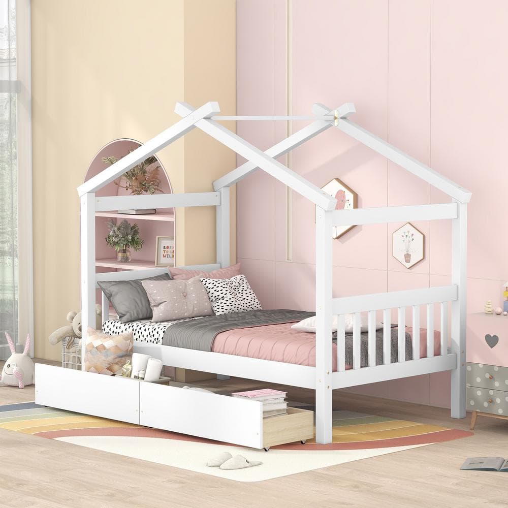 Harper & Bright Designs White Twin Size Wood House Bed, Kids Bed with 2 ...