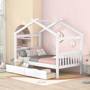 White Twin Size Wood House Bed, Kids Bed with 2 Drawers