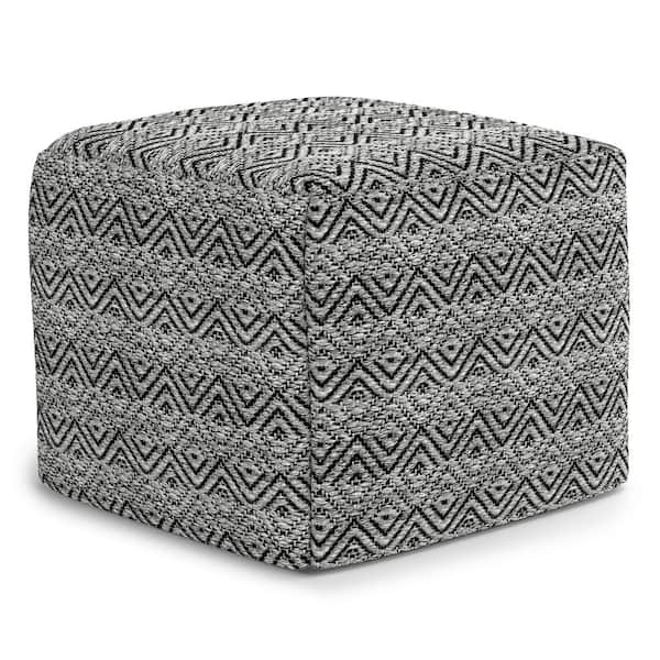 Simpli Home Hendrik Boho Square Woven Outdoor/ Indoor Pouf in Grey/Black Recycled PET Polyester
