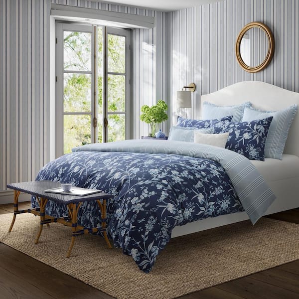 Laura Ashley Branch Toile 7-Piece Blue Cotton Bonus Full/Queen Comforter  Set USHS8K1240416 - The Home Depot