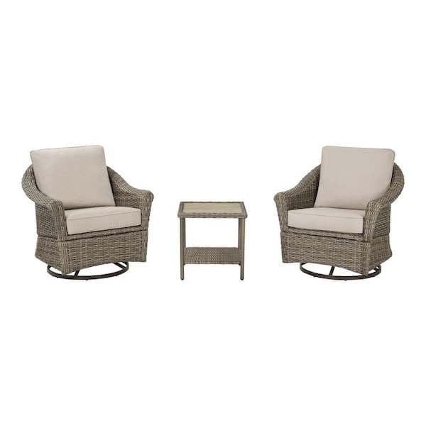 Brooke Mill Brown Metal 3-Piece Wicker Outdoor Bistro Set with CushionGuard Putty Tan Cushions