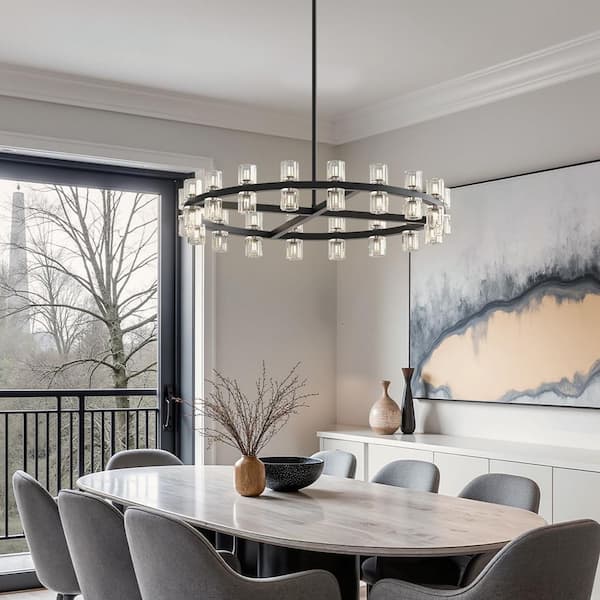 36 in. 36-Light Black Circle K9 Crystal Chandelier for Modern Living Room, Dining Room(G4 Bulbs Included)