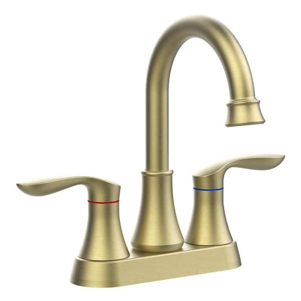 waterpar 4 in. Centerset Double Handle High Arc Bathroom Faucet with Drain Kit Included and Pop-up Drain in Brushed Gold