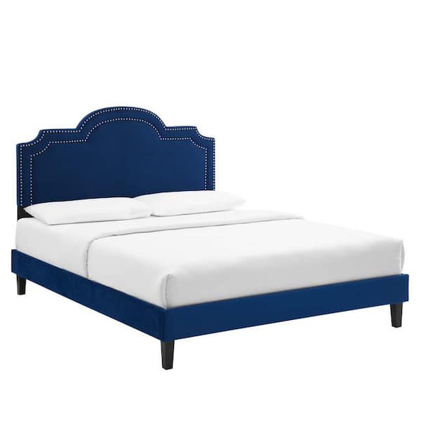 MODWAY Aviana Blue Performance Velvet Frame Queen Platform Bed with Well-Constructed MDF Frame