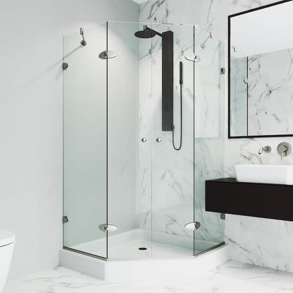 VIGO Gemini 48 in. L x 48 in. W x 79 in. H Frameless Pivot Neo-Angle Shower Enclosure Kit in Brushed Nickel with Clear Glass