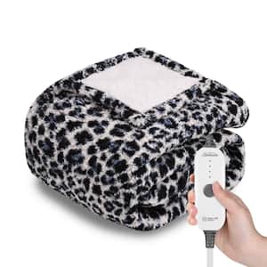 50 in. x 60 in. Nordic Sherpa Heated Throw Foot Pocket Electric Blanket, Blue Leopard