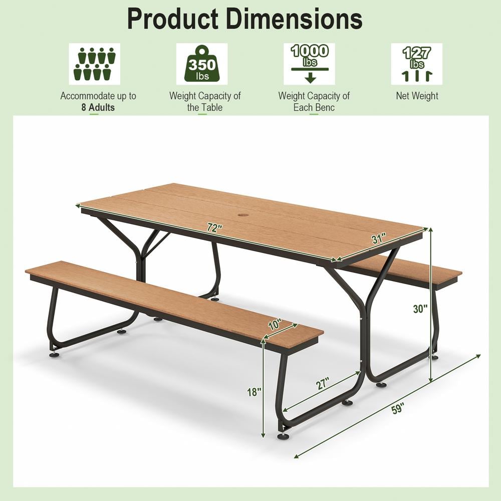 6FT Brown HDPE and Metal Outdoor Picnic Table Bench Set