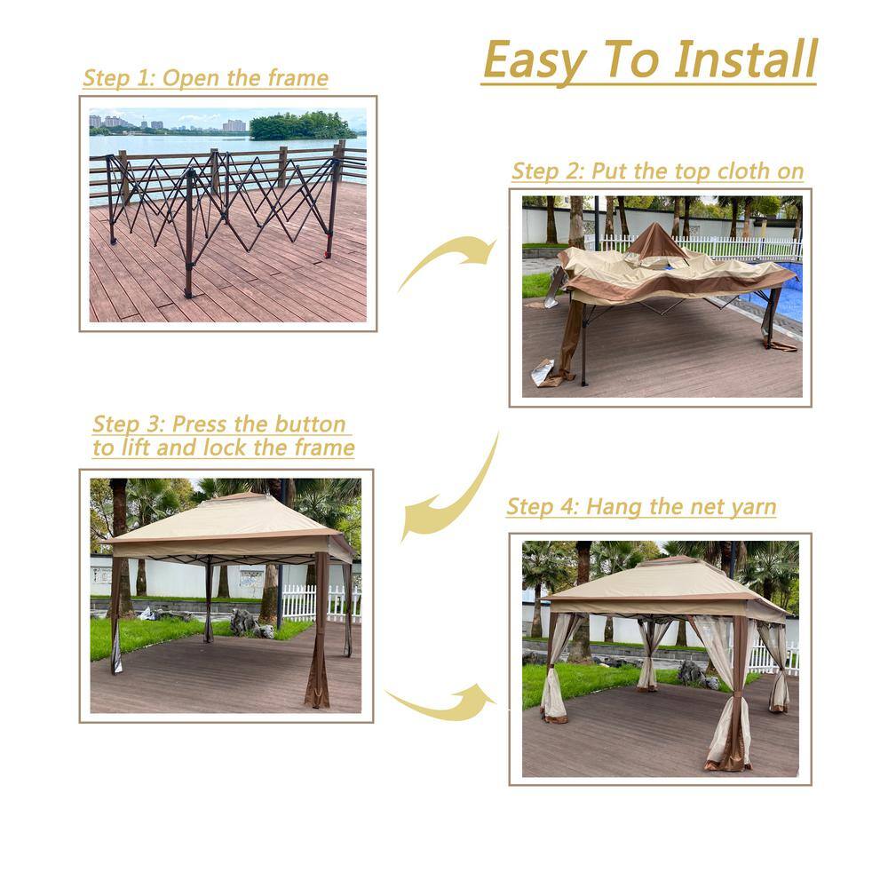 11x11 ft Brown Metal Patio Gazebo with Netting and 2-Tier Roof
