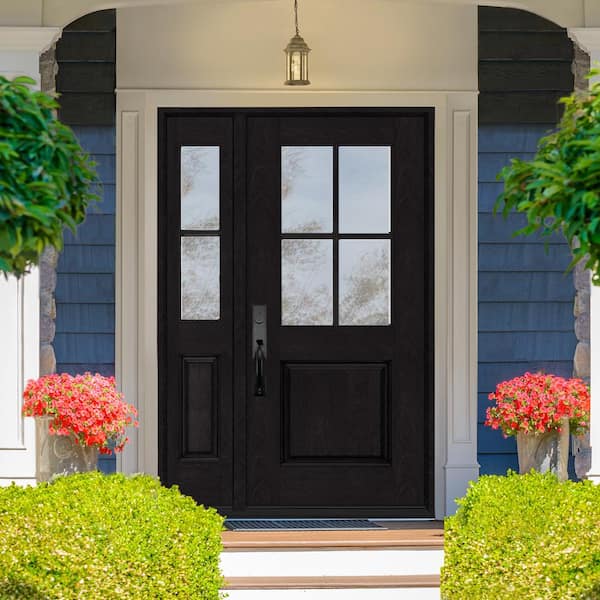 Regency 53 in. x 80 in. 1/2-4Lite Clear Glass RH Onyx Stain Mahogany Fiberglass Prehung Front Door w/14in.SL