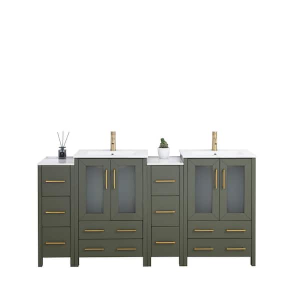 Vanity Art 72 in. W x 18.1 in. D x 35.8 in. H Double Basin Vintage Green Bath Vanity with White Ceramic Top and Mirror