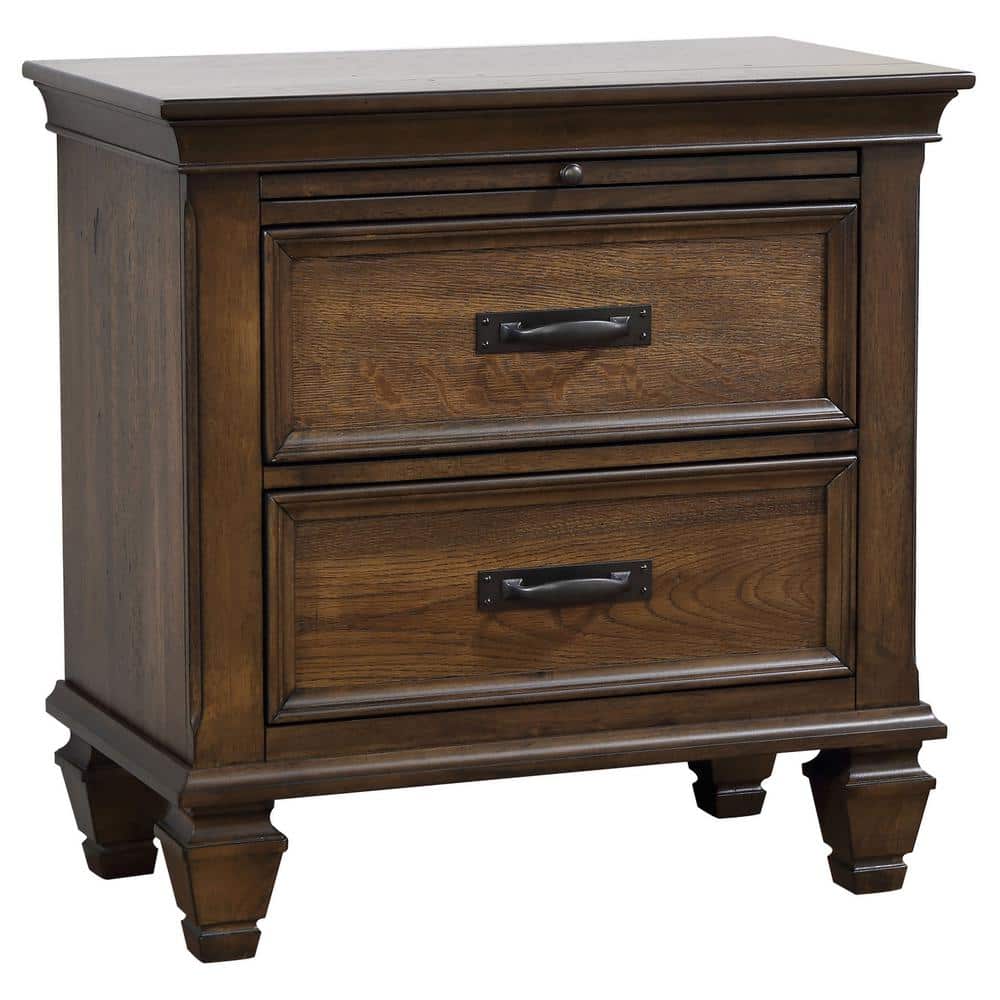 Burnished Oak Contemporary 2-Drawer Nightstand with Pullout Tray
