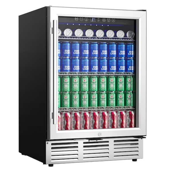 23.5 in. Single Zone 180-Cans Undercounter Freestanding/Built-in Beverage and Wine Cooler in Black, UV-Protected Door