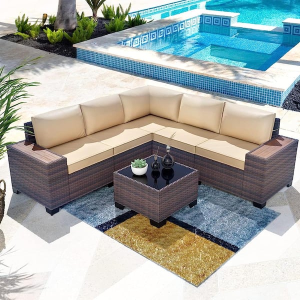 6-Piece Wicker Outdoor Sectional Set with Sand Cushion