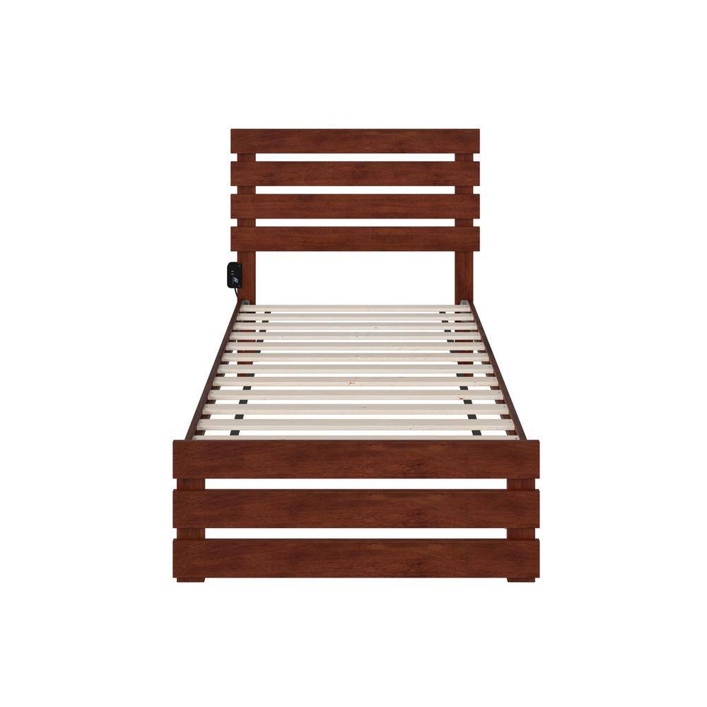 Walnut Twin Wood Bed with Headboard and USB Charger