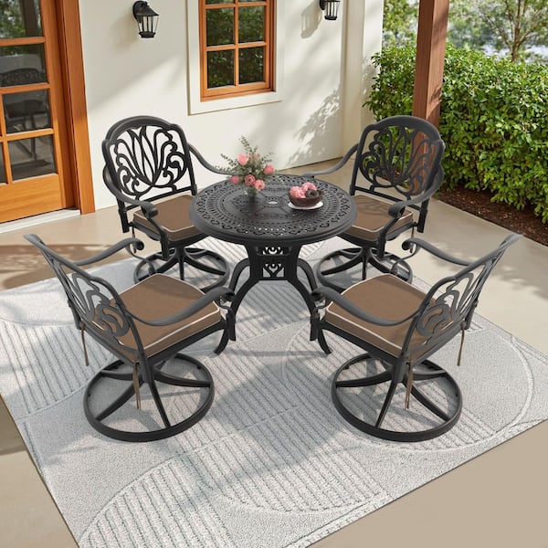 Elizabeth 5-Piece Cast Aluminum Patio Outdoor Dining Set with Round Dining Table, 4 Swivel Chairs and 4 Brown Cushions