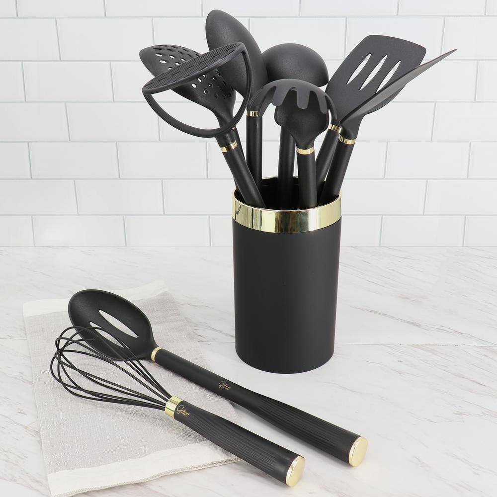 Black and Gold 10-Piece Nylon Kitchen Utensil Set with Crock