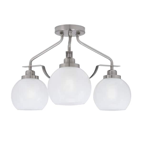 Unbranded Zara 16.75 in. 3-Light Brushed Nickel Semi-Flush with 5.75 in. White Marble Glass Shades No Bulbs Included