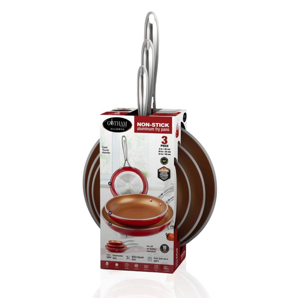 Gotham Steel Red Nonstick Ceramic Fry Pan Set, 8'', 10'' & 12''