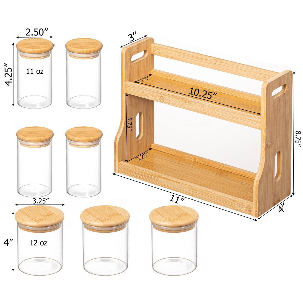 Natural Bamboo 2-Tier Spice Rack with Glass Jars