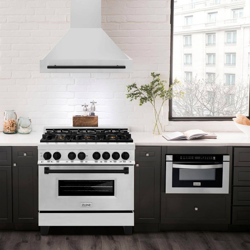 36 Inch Stainless Steel Wall Mounted Range Hood with Matte Black Handle
