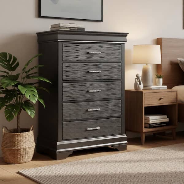 Benjara Jean Dark Gray 5-Drawer 31.5 in. Wide Tall Chest of Drawers Dresser Without Mirror BM326053 Benjara Jean Dark Gray 5-Drawer 31.5 in. Wide Tall Chest of Drawers Dresser Without Mirror BM326053