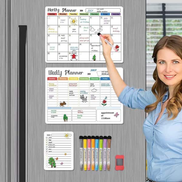 3-Pack Magnetic Dry Erase Calendar Whiteboard Set for Fridge, Wall, and Refrigerator with 8-Markers and Eraser